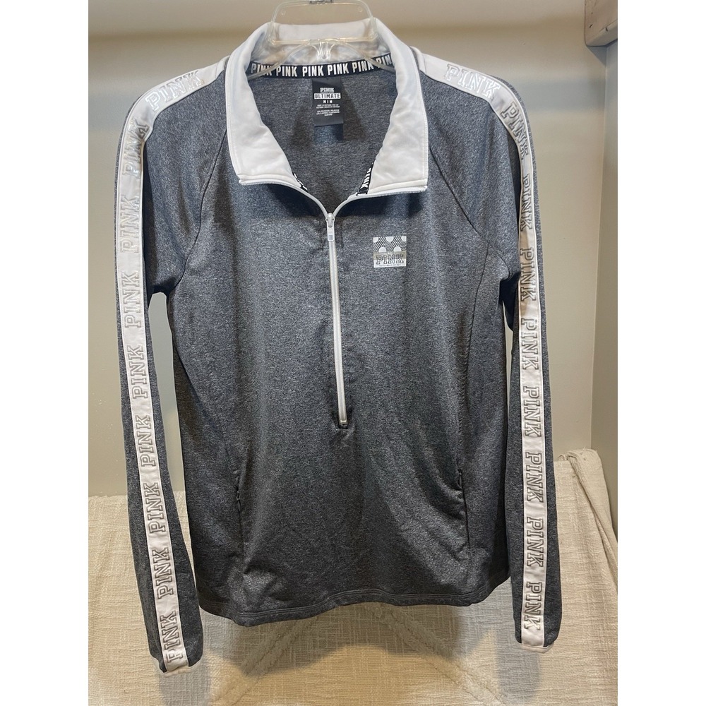 PINK byVictoria's Secret Women's Gray White Athletic Quarter Zip Pullover Size M